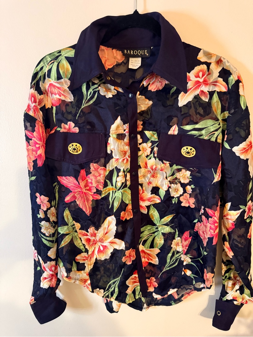 Vintage Baroque Floral Burnout Sheer Blouse Gold Buttons Small Made USA